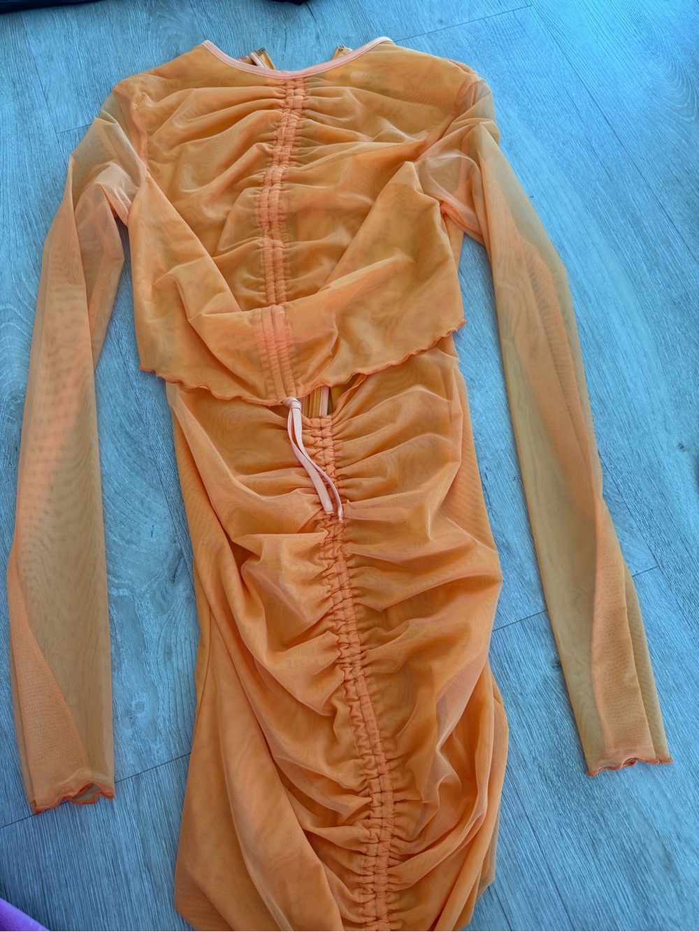 House of CB XS Peach Mesh Ruched Cutout Midi Dress Long Sleeve Bodycon
